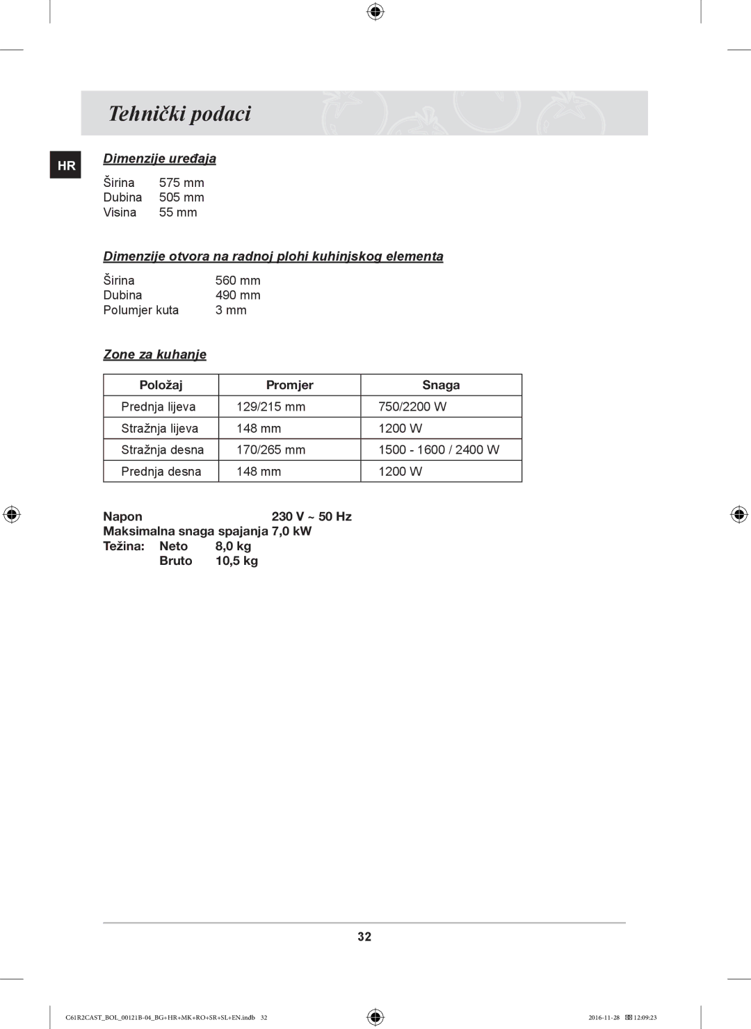 Samsung C61R2CCN/XEH, C61R2CCN/BOL, C61R2CAST/BOL manual Tehnički podaci, Položaj Promjer Snaga 