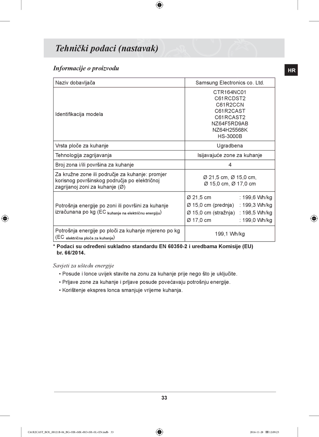 Samsung C61R2CCN/BOL, C61R2CAST/BOL, C61R2CCN/XEH manual Tehnički podaci nastavak, Informacije o proizvodu 