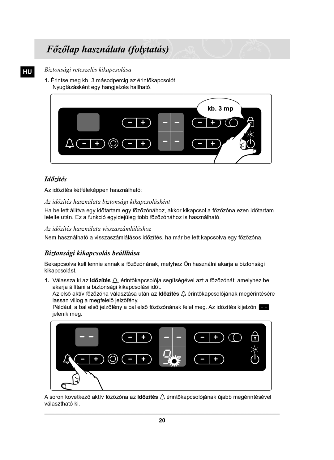 Samsung C61R2CCNP/XEH manual Időzítés, Biztonsági kikapcsolás beállítása, Az időzítés használata biztonsági kikapcsolásként 