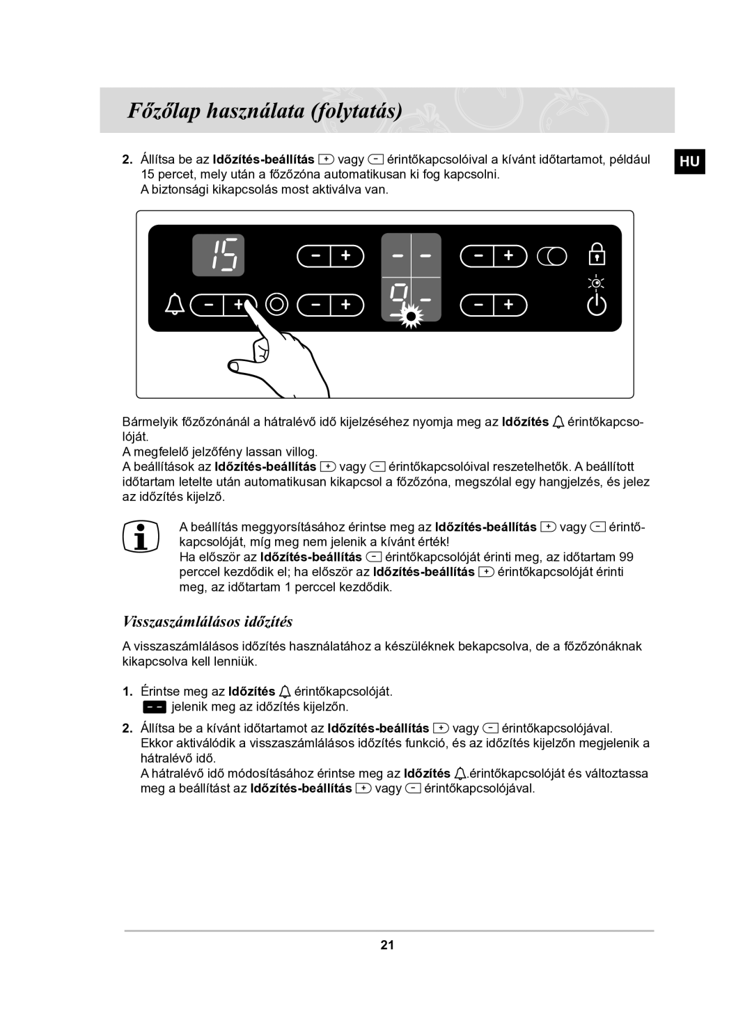 Samsung C61R2CCNP/XEH manual Visszaszámlálásos időzítés, Állítsa be az Időzítés-beállítás 