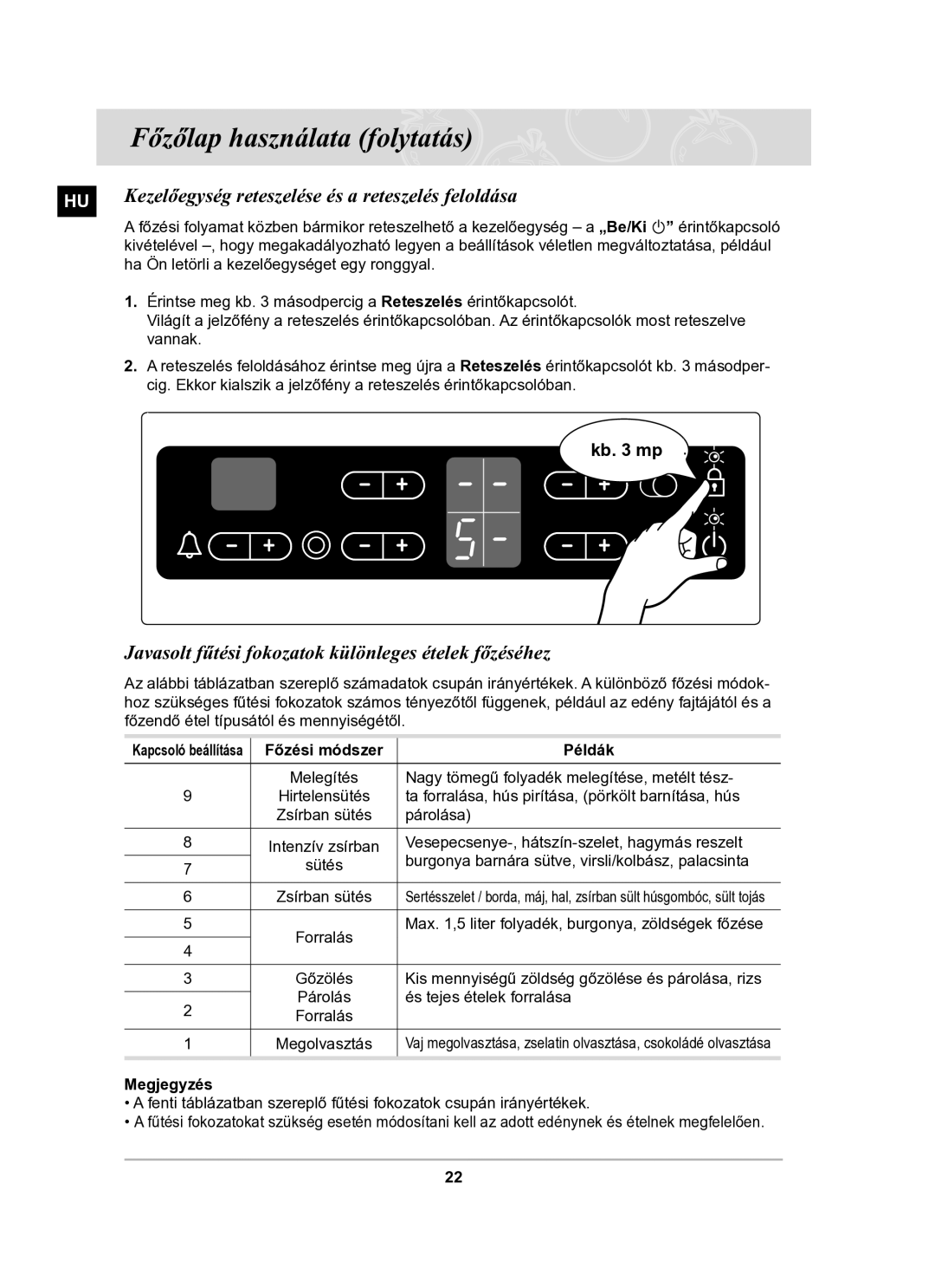 Samsung C61R2CCNP/XEH manual Kezelőegység reteszelése és a reteszelés feloldása 