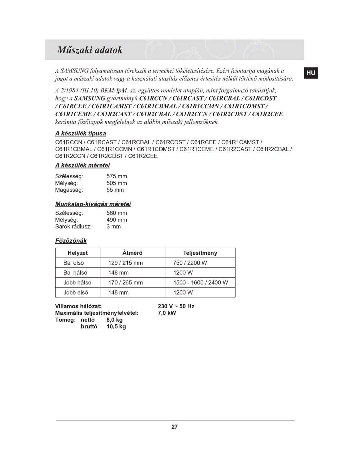 Samsung C61R2CCNP/XEH manual Műszaki adatok, Készülék típusa 