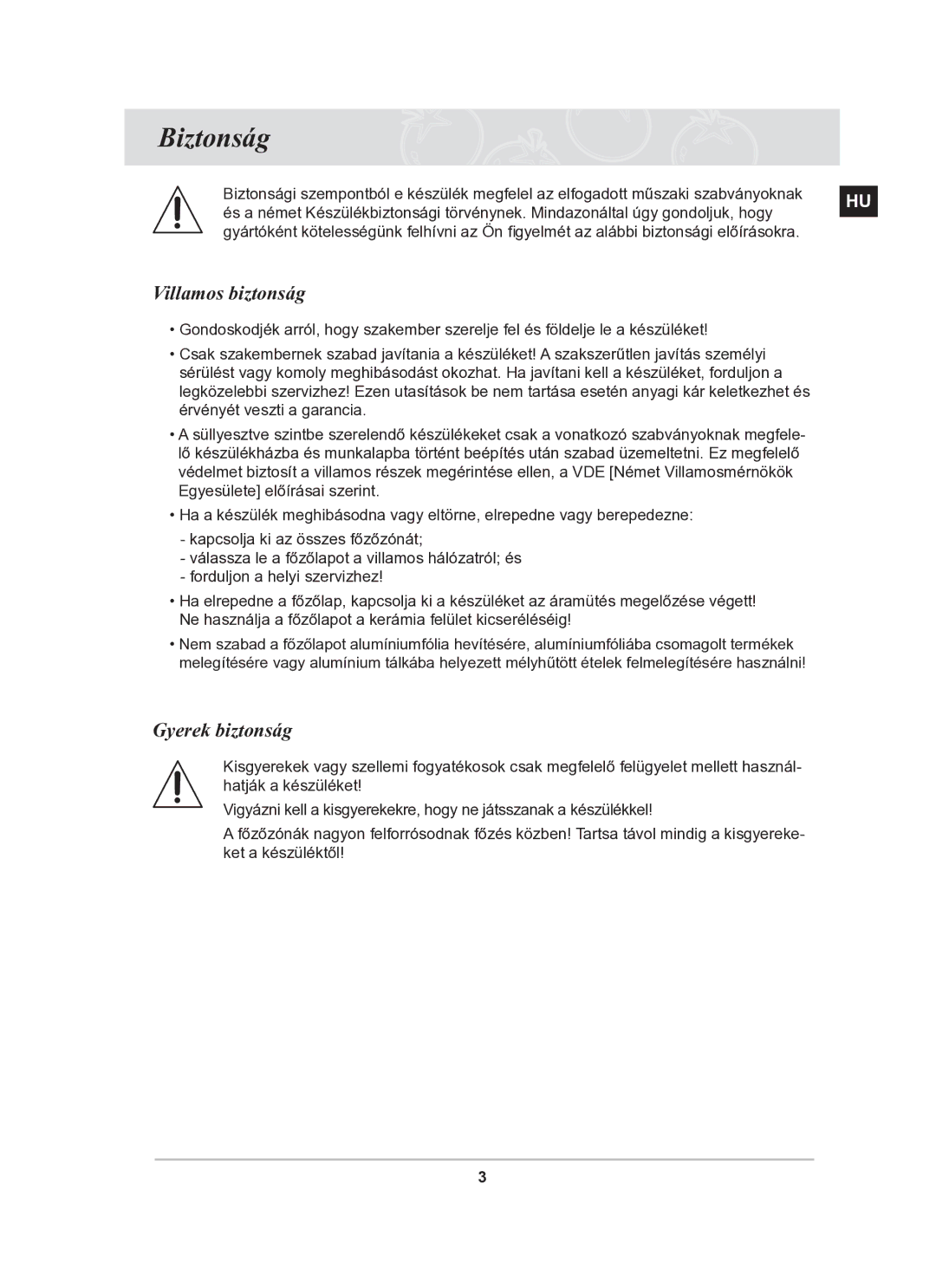 Samsung C61R2CCNP/XEH manual Biztonság, Villamos biztonság, Gyerek biztonság 