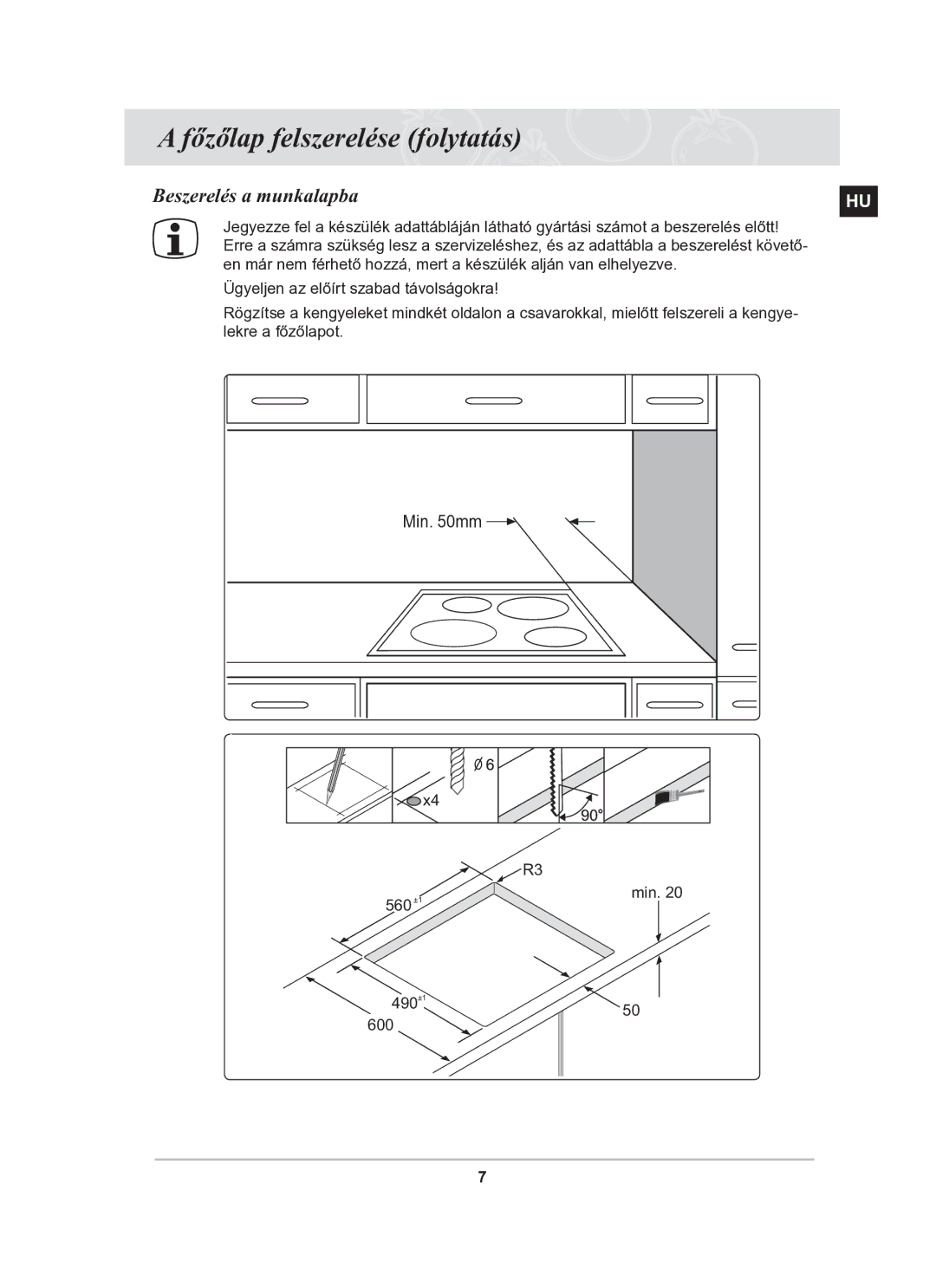 Samsung C61R2CCNP/XEH manual Főzőlap felszerelése folytatás, Beszerelés a munkalapba 