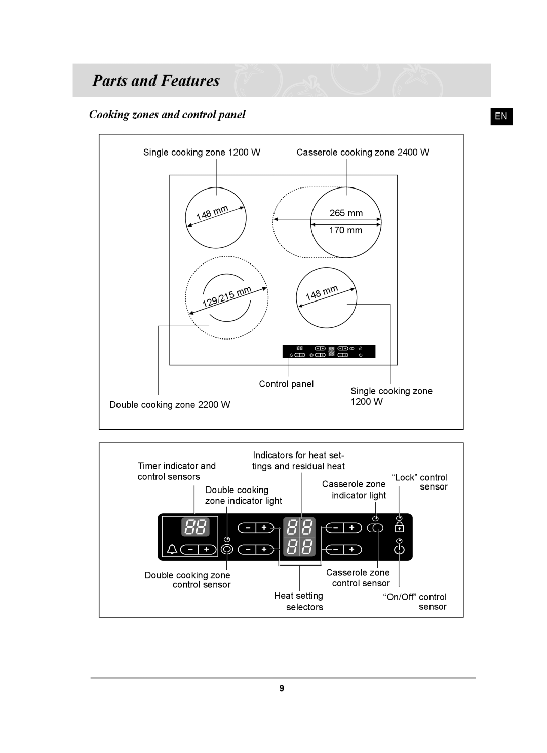 Samsung C61R2CCNP/XEH manual Parts and Features, Cooking zones and control panel 