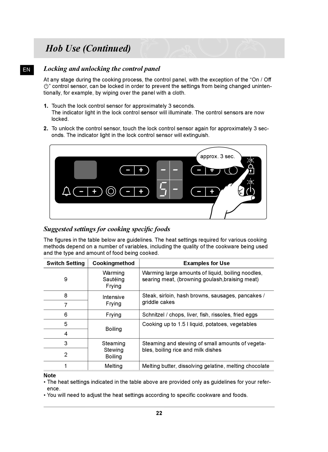 Samsung C61R2CCNP/XEH manual EN Locking and unlocking the control panel, Suggested settings for cooking speciﬁc foods 