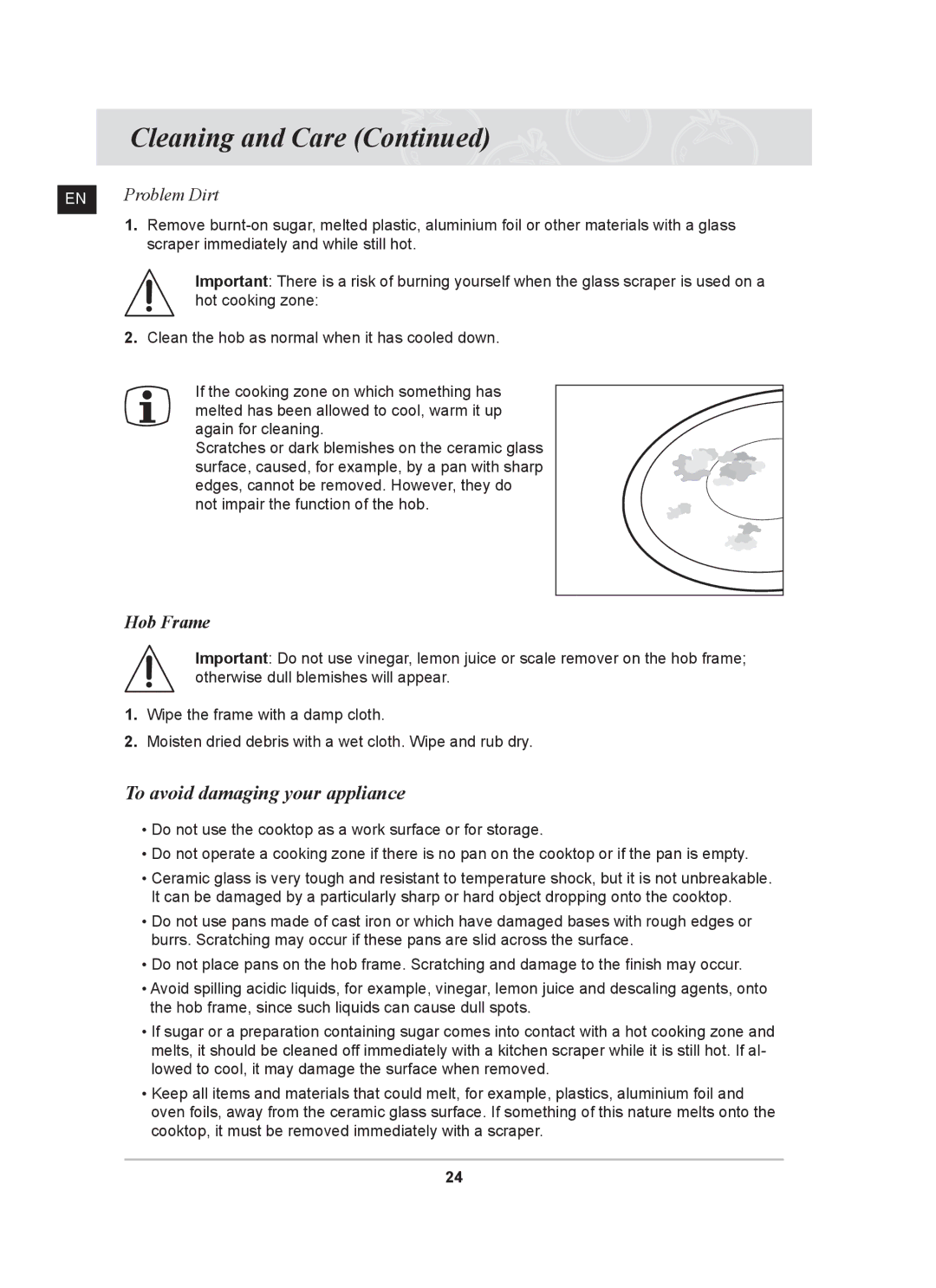 Samsung C61R2CCNP/XEH manual To avoid damaging your appliance, Problem Dirt 