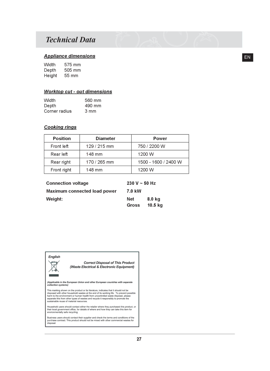 Samsung C61R2CCNP/XEH manual Technical Data, Cooking rings 