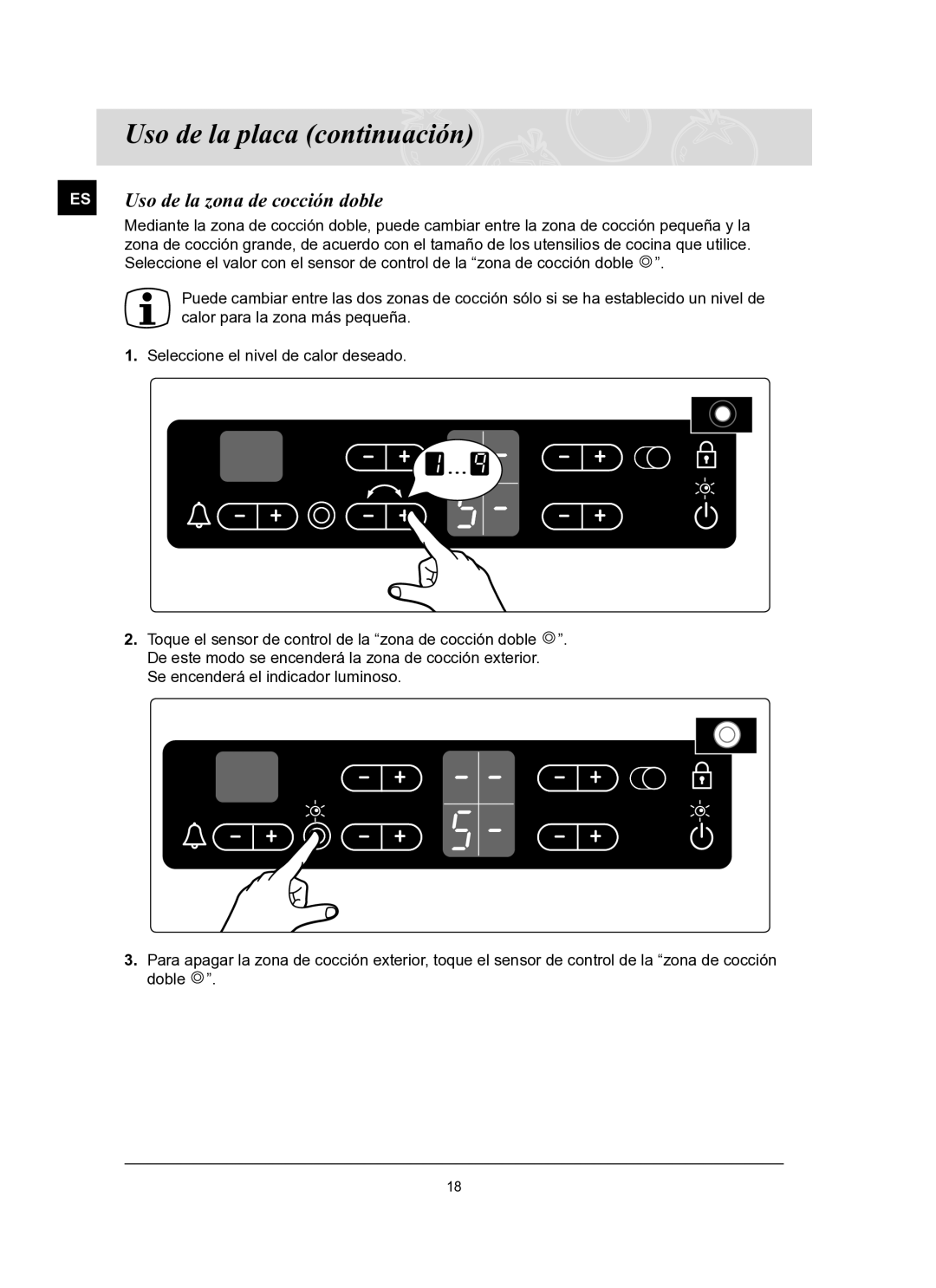 Samsung C61R2CCN/XEC manual Uso de la zona de cocción doble 