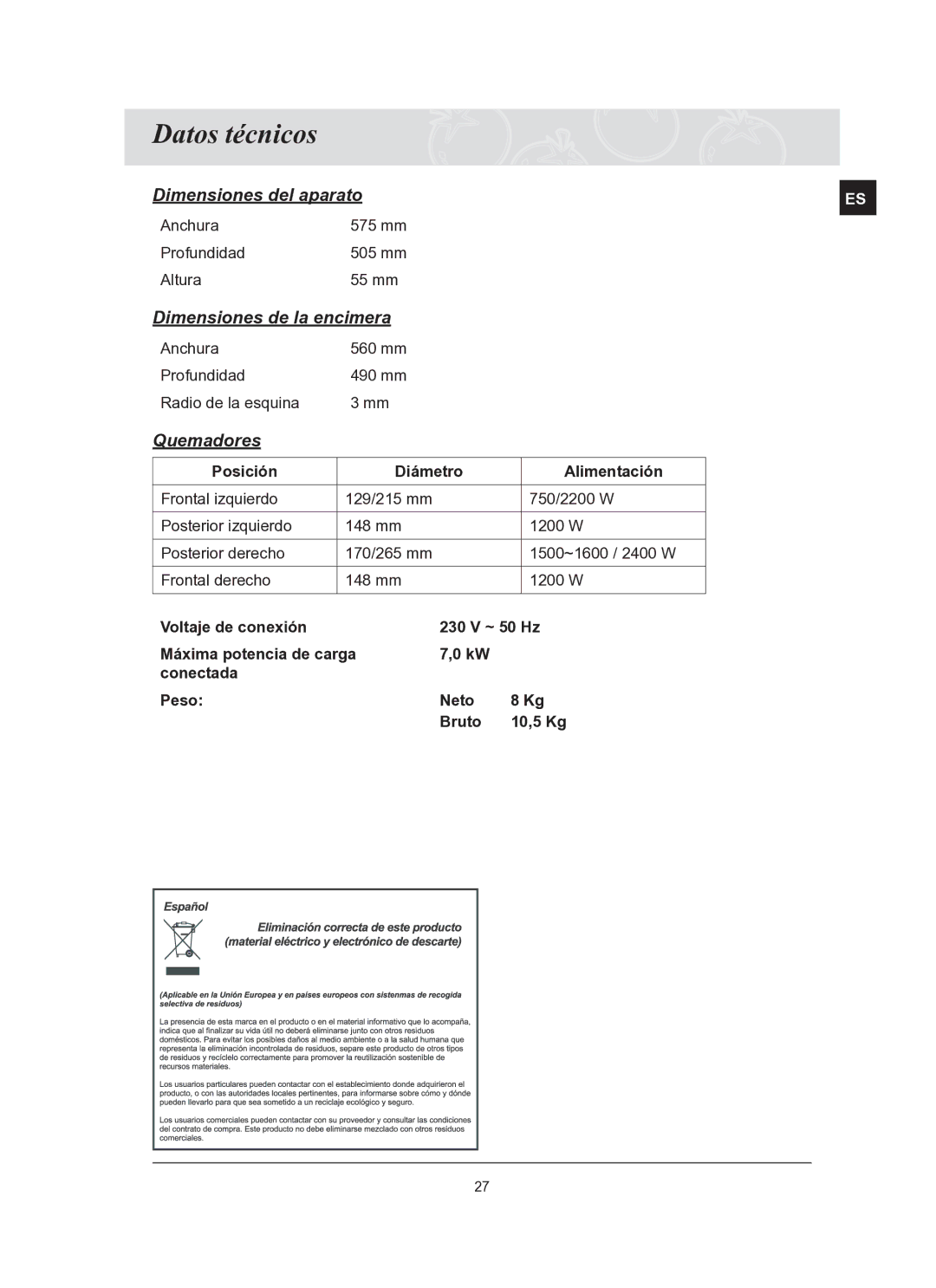 Samsung C61R2CCN/XEC manual Datos técnicos, Quemadores 