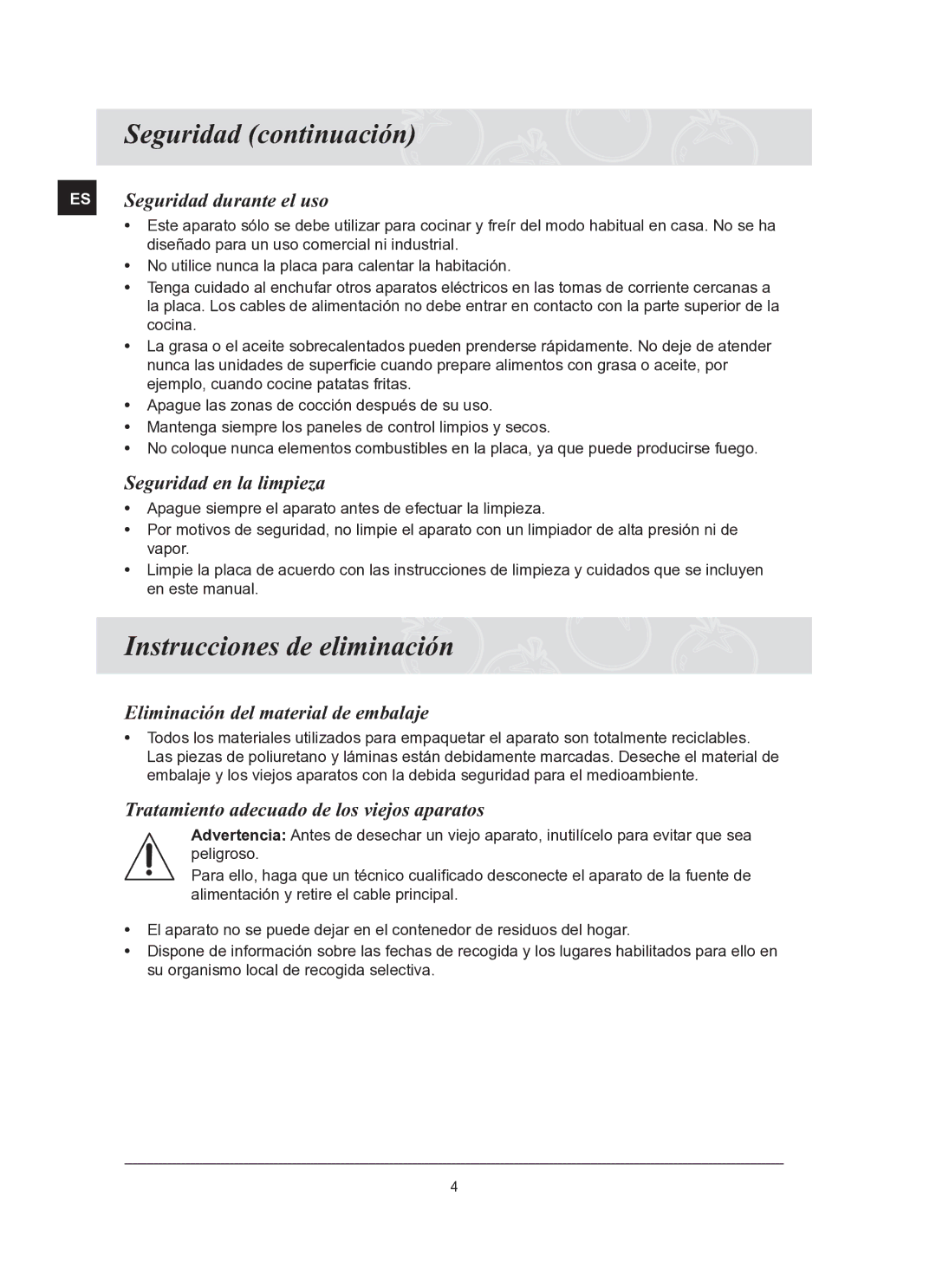 Samsung C61R2CCN/XEC manual Seguridad continuación, Instrucciones de eliminación 