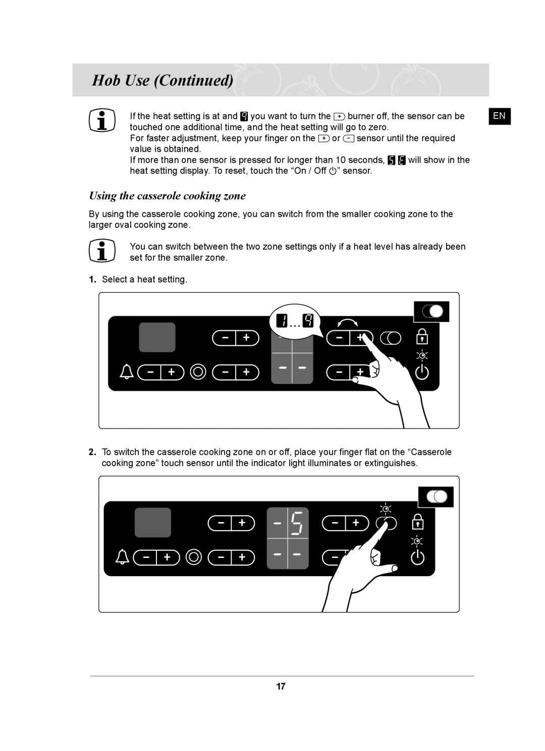 Samsung PKG003/XEH, C61R2CCN/XEH manual Using the casserole cooking zone 