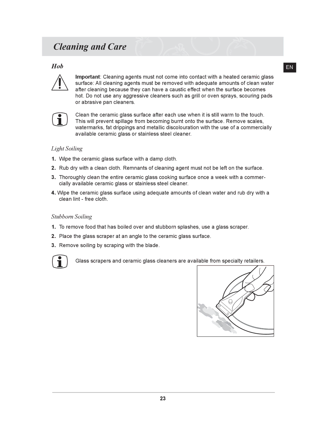 Samsung PKG003/XEH, C61R2CCN/XEH manual Cleaning and Care, Hob, Light Soiling, Stubborn Soiling 