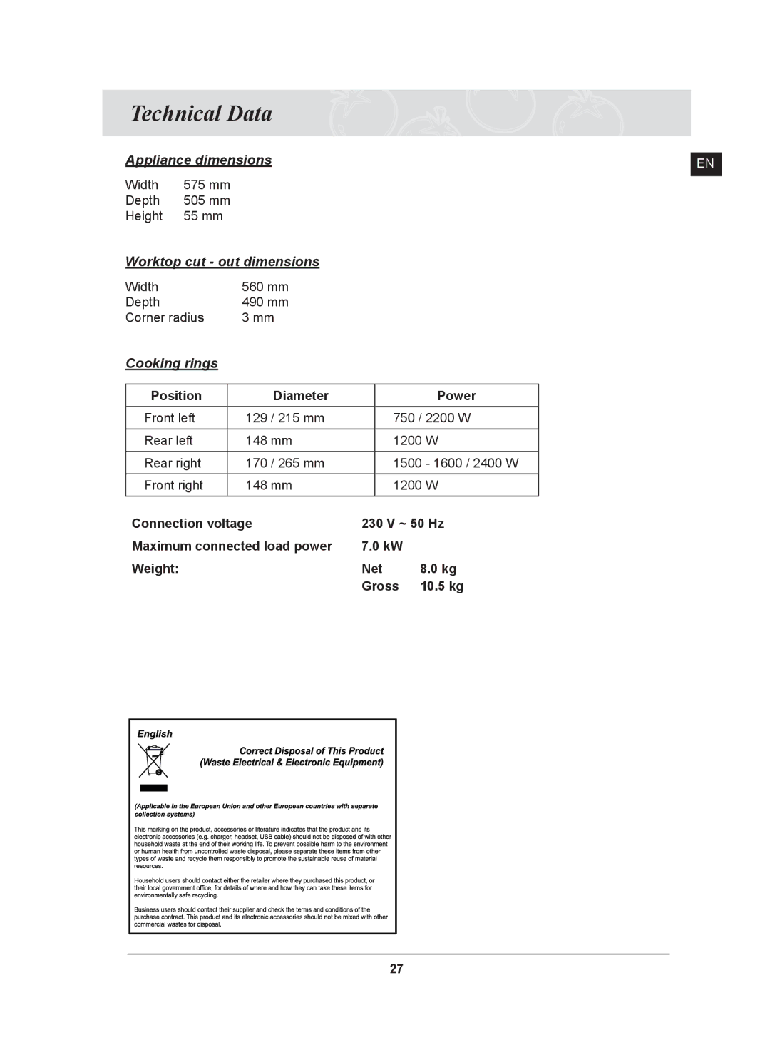 Samsung PKG003/XEH, C61R2CCN/XEH manual Technical Data, Cooking rings 