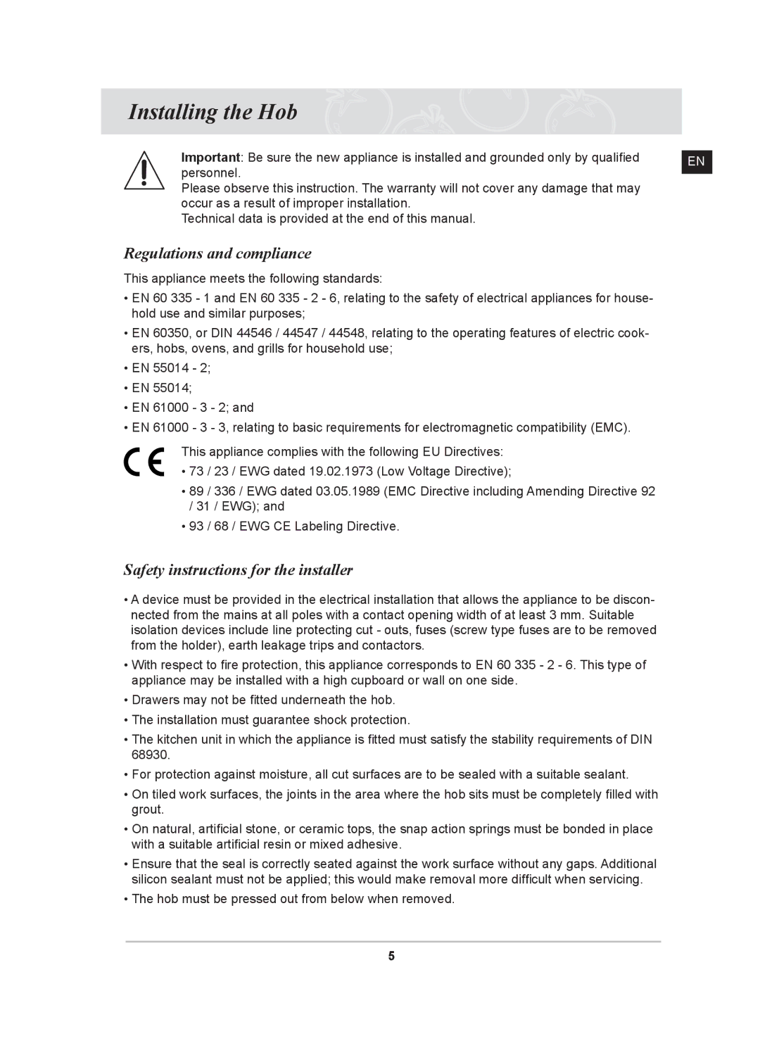 Samsung PKG003/XEH, C61R2CCN/XEH Installing the Hob, Regulations and compliance, Safety instructions for the installer 