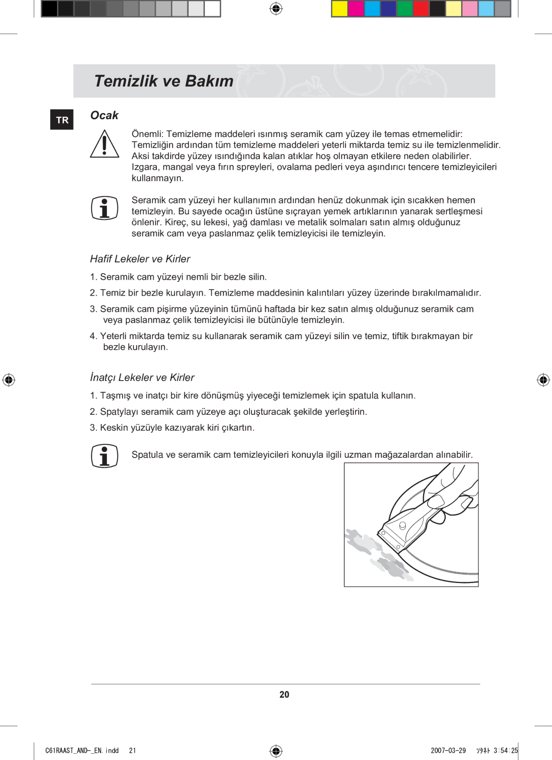 Samsung C61RAAST/AND manual Temizlik ve Bakým, TR Ocak, Hafif Lekeler ve Kirler, Ýnatçý Lekeler ve Kirler 