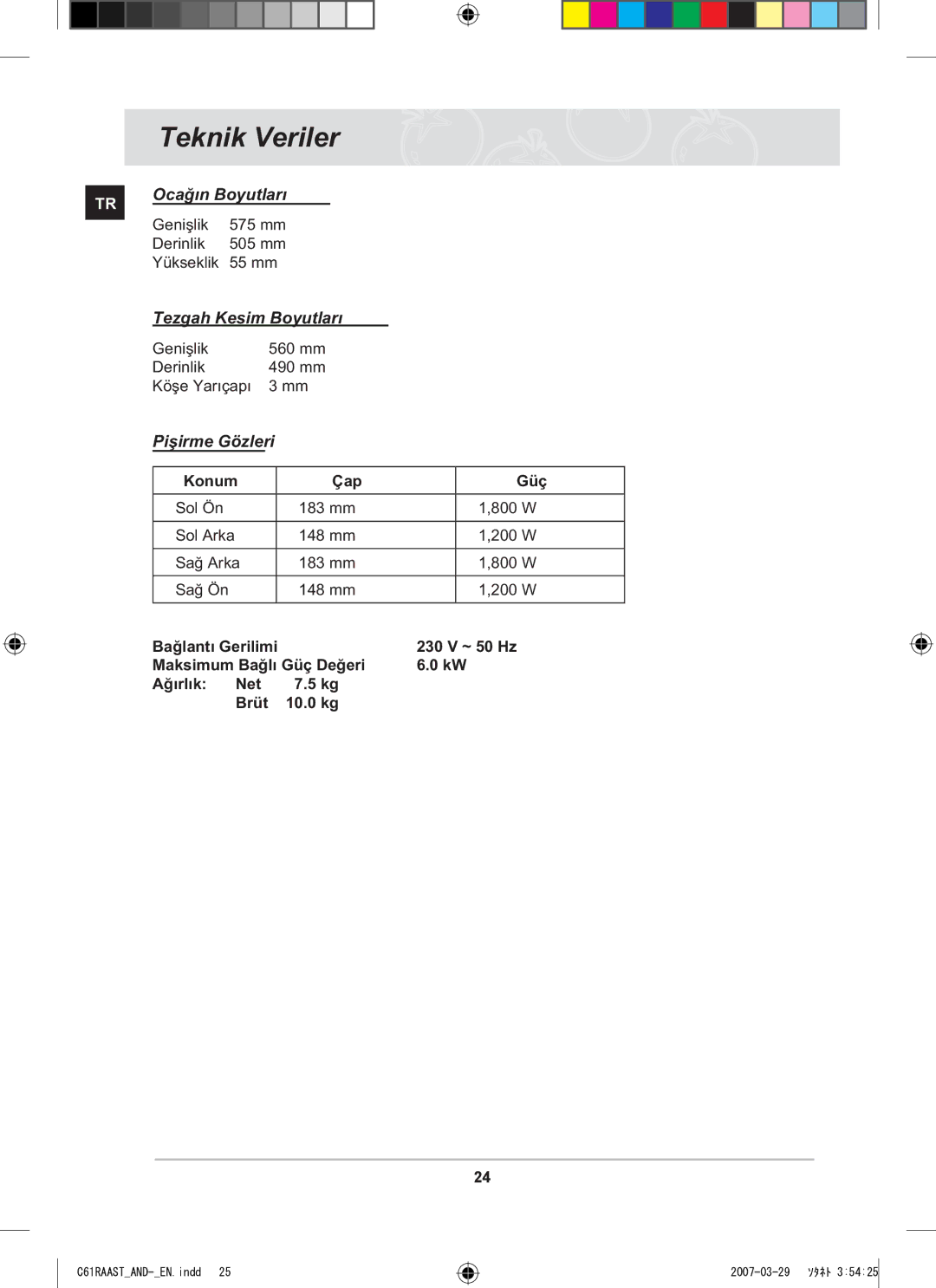 Samsung C61RAAST/AND manual Teknik Veriler, Piþirme Gözleri 