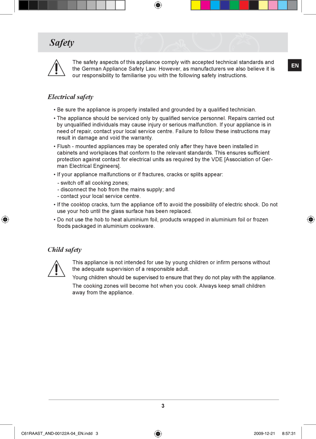 Samsung C61RAAST/AND manual Safety, Electrical safety, Child safety 