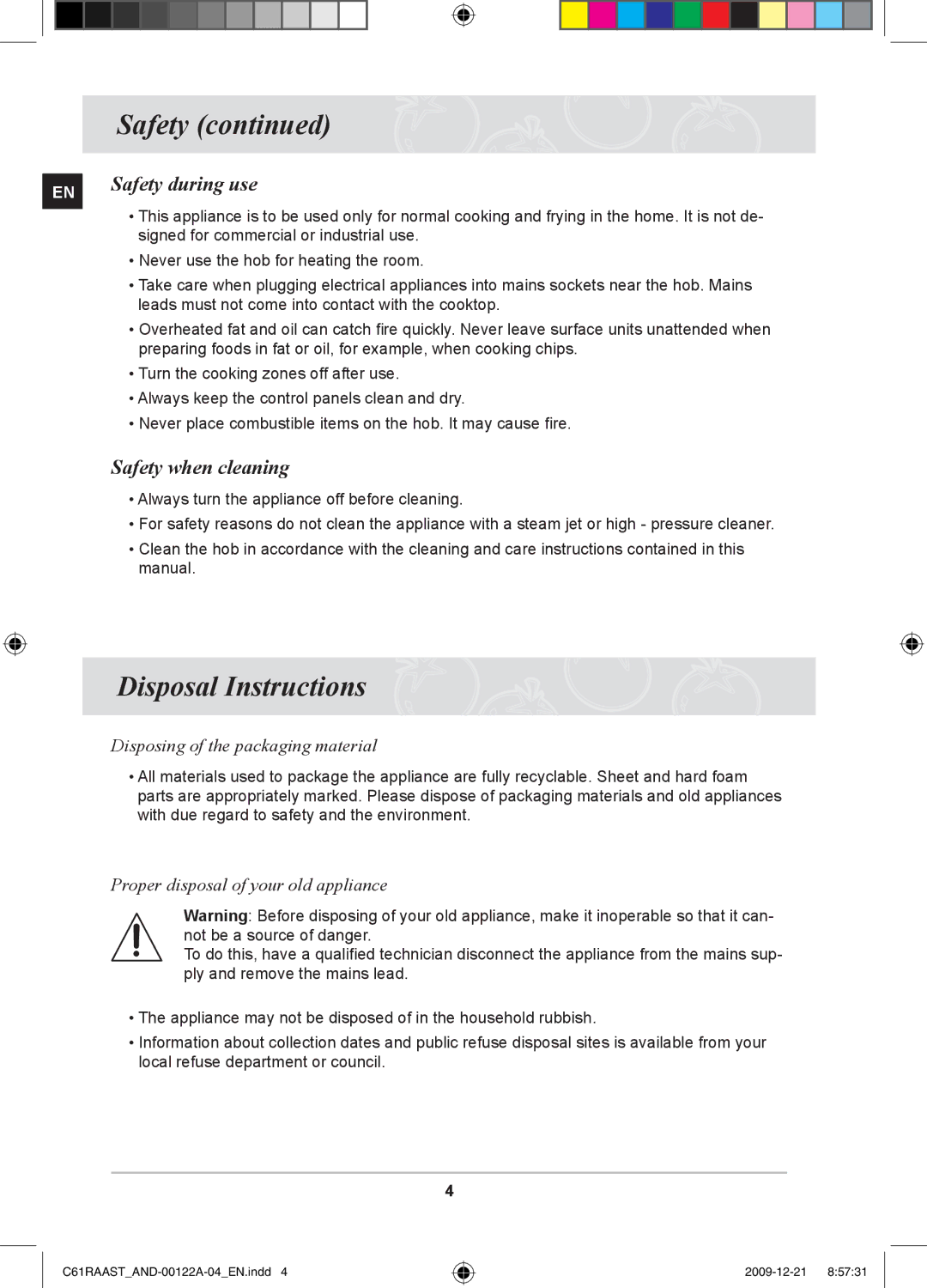 Samsung C61RAAST/AND manual Disposal Instructions, Safety when cleaning, Disposing of the packaging material 