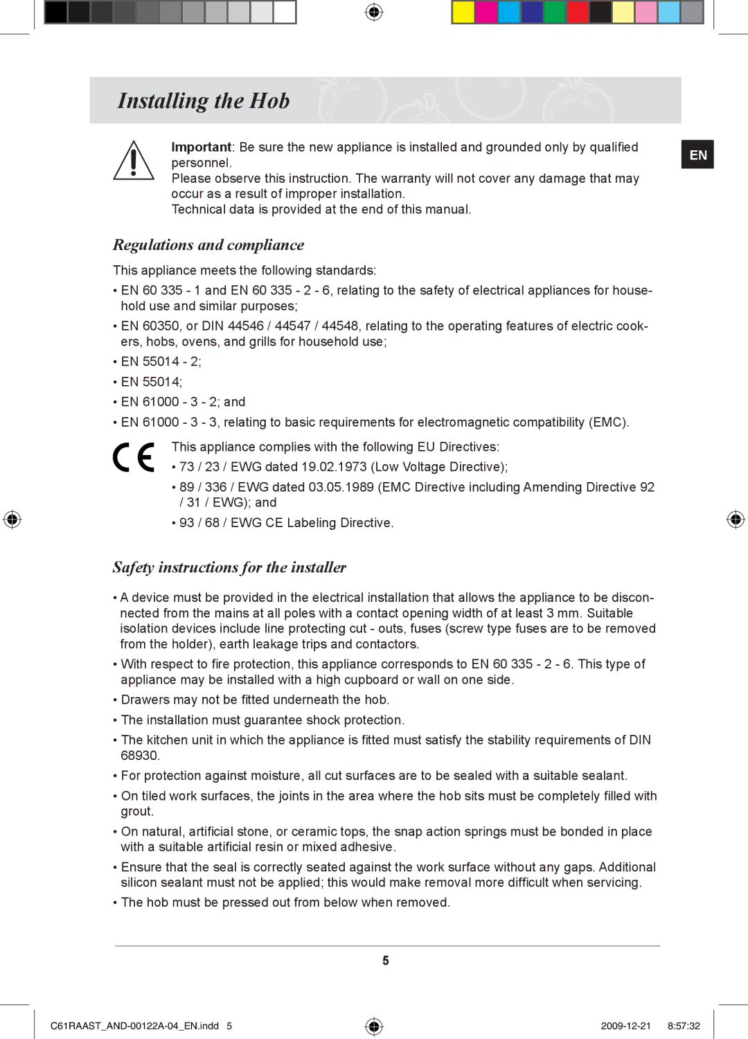 Samsung C61RAAST/AND manual Installing the Hob, Regulations and compliance, Safety instructions for the installer 