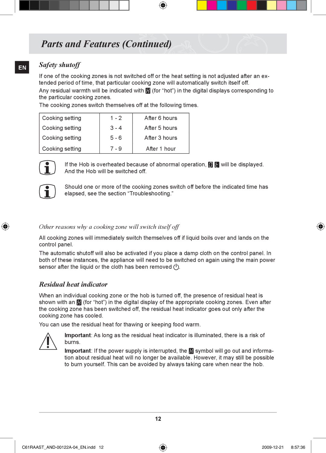 Samsung C61RAAST/AND Safety shutoff, Residual heat indicator, Other reasons why a cooking zone will switch itself off 