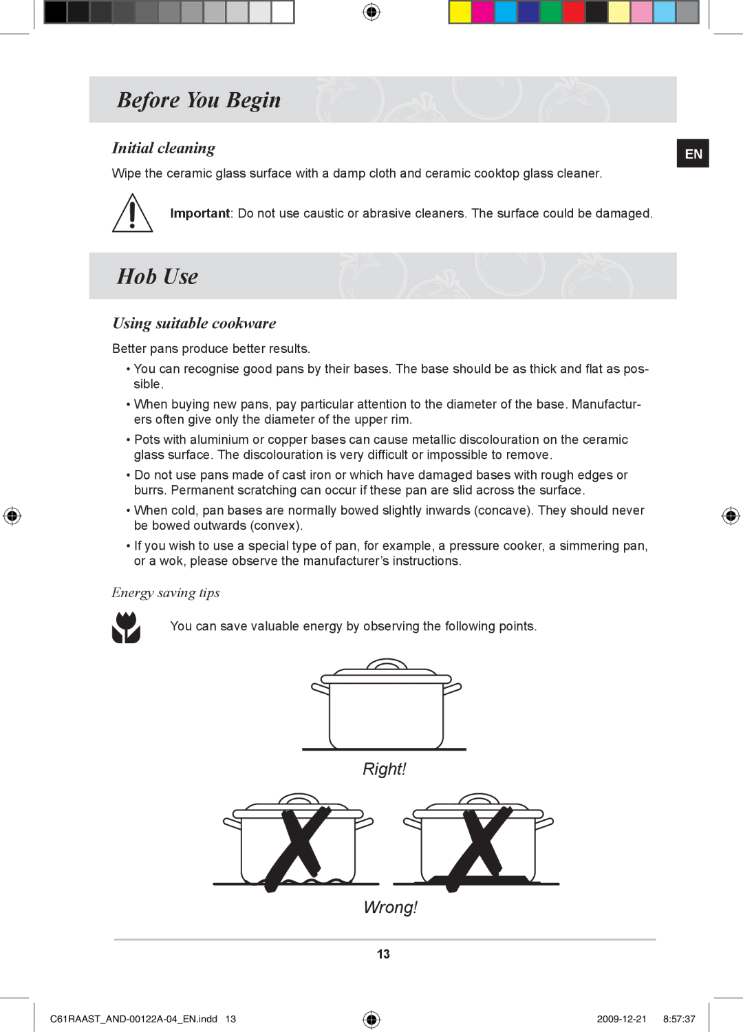 Samsung C61RAAST/AND manual Before You Begin, Hob Use, Using suitable cookware, Energy saving tips 