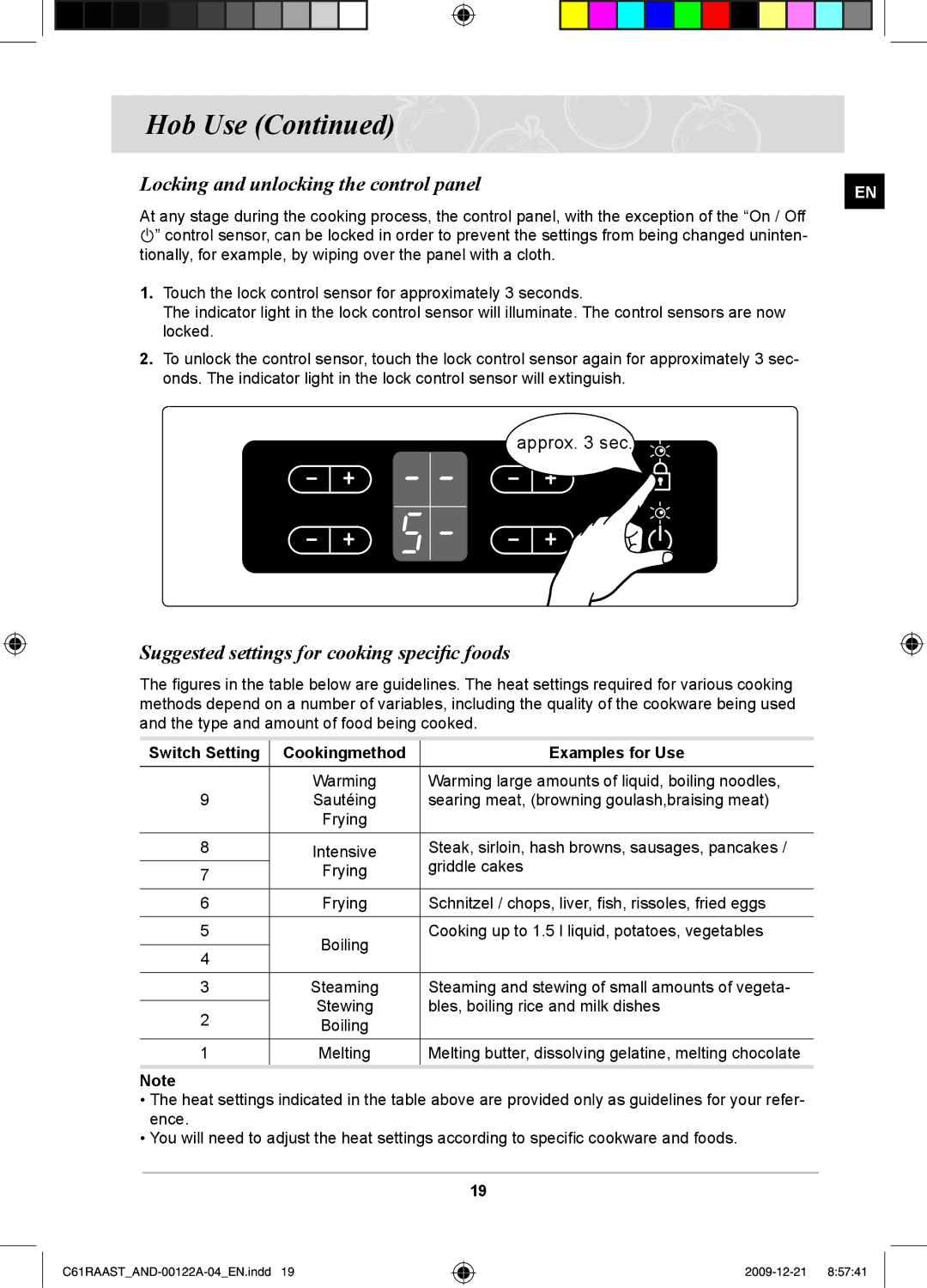 Samsung C61RAAST/AND manual Locking and unlocking the control panel, Suggested settings for cooking specific foods 