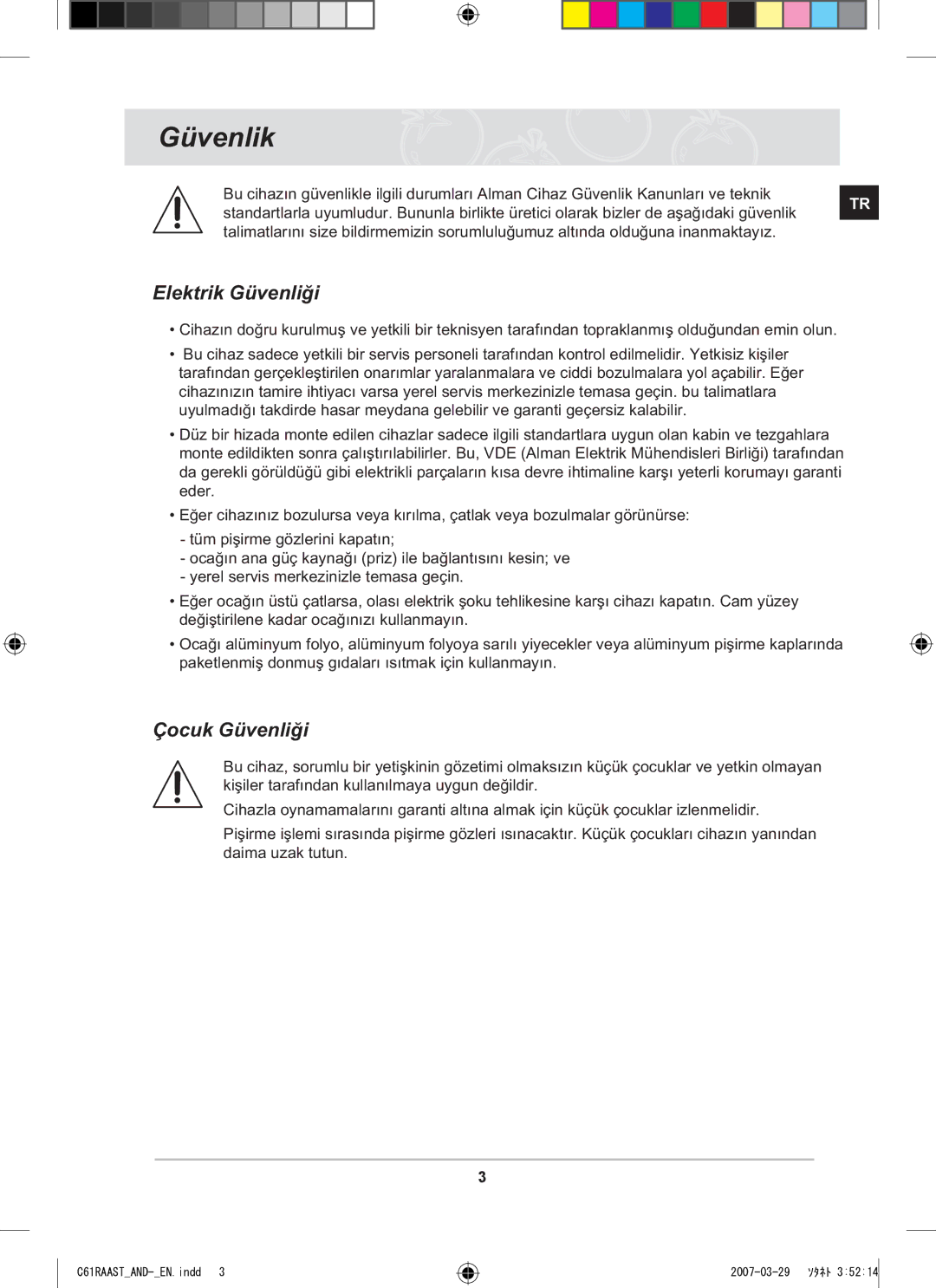 Samsung C61RAAST/AND manual Güvenlik, Elektrik Güvenliði, Çocuk Güvenliði 