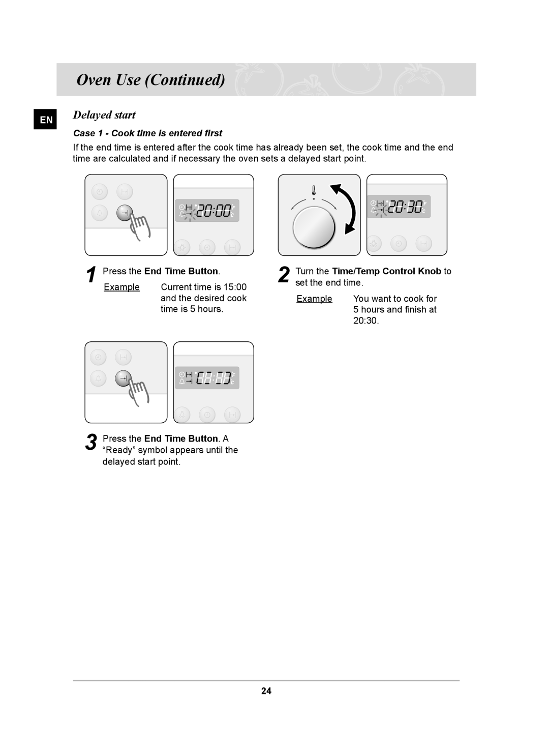 Samsung C61RAAST/BOL Delayed start, Case 1 Cook time is entered ﬁrst, Turn the Time/Temp Control Knob to set the end time 