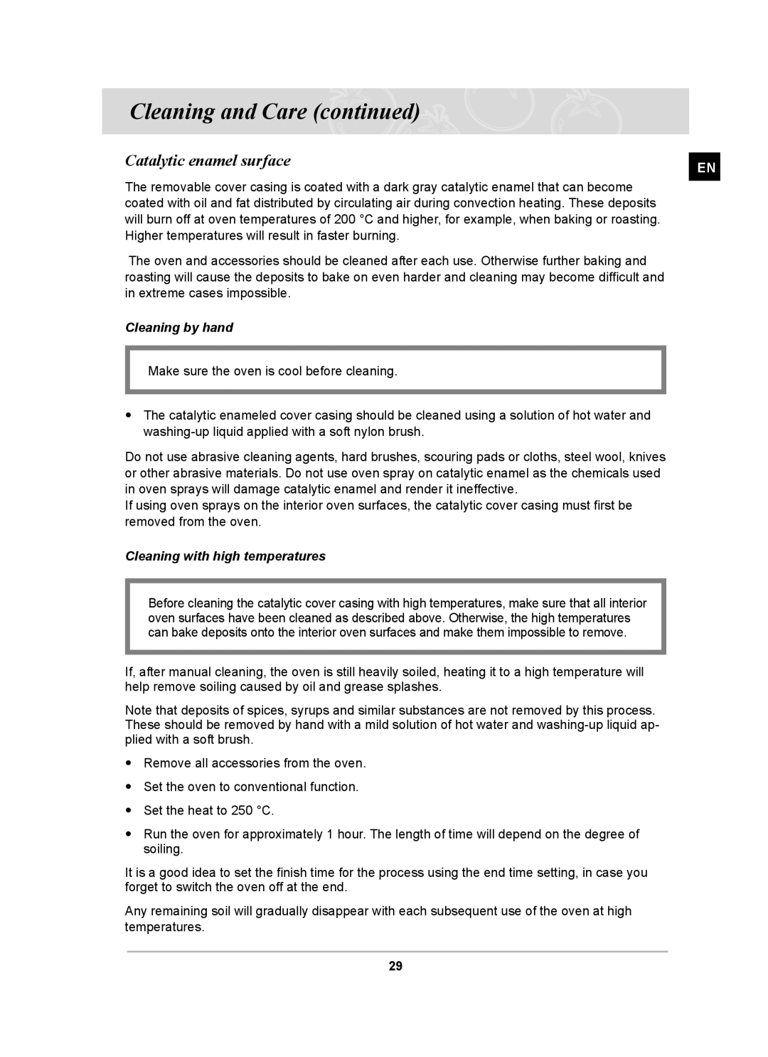 Samsung C61RAAST/BOL manual Catalytic enamel surface, Cleaning by hand, Cleaning with high temperatures 