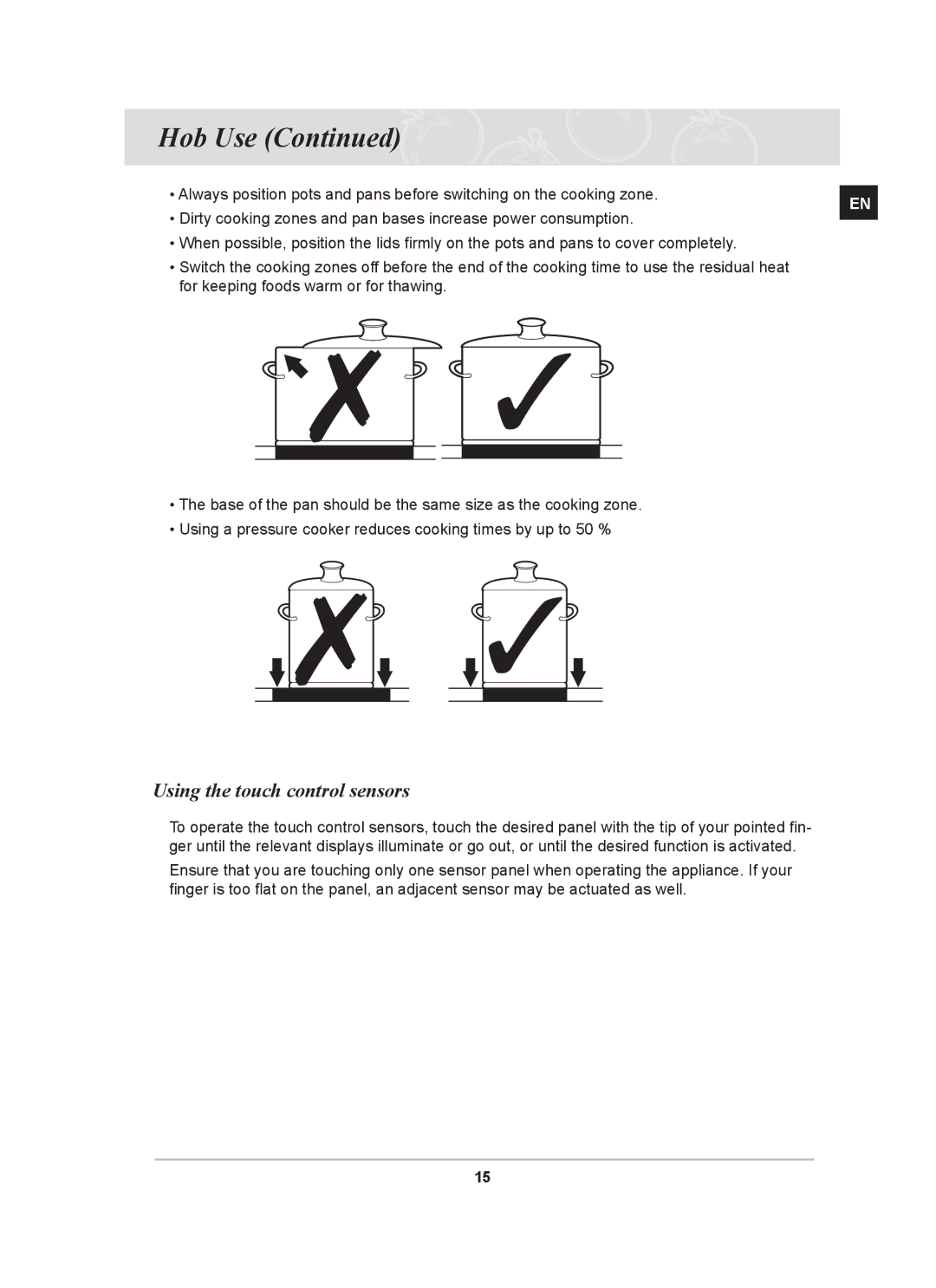 Samsung C61RAAST/BOL manual Hob Use, Using the touch control sensors 