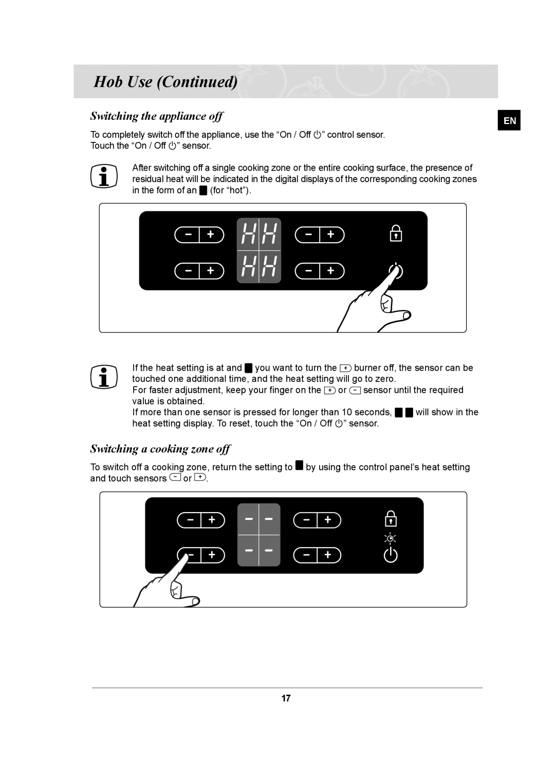 Samsung C61RAAST/BOL manual Switching the appliance off, Switching a cooking zone off 