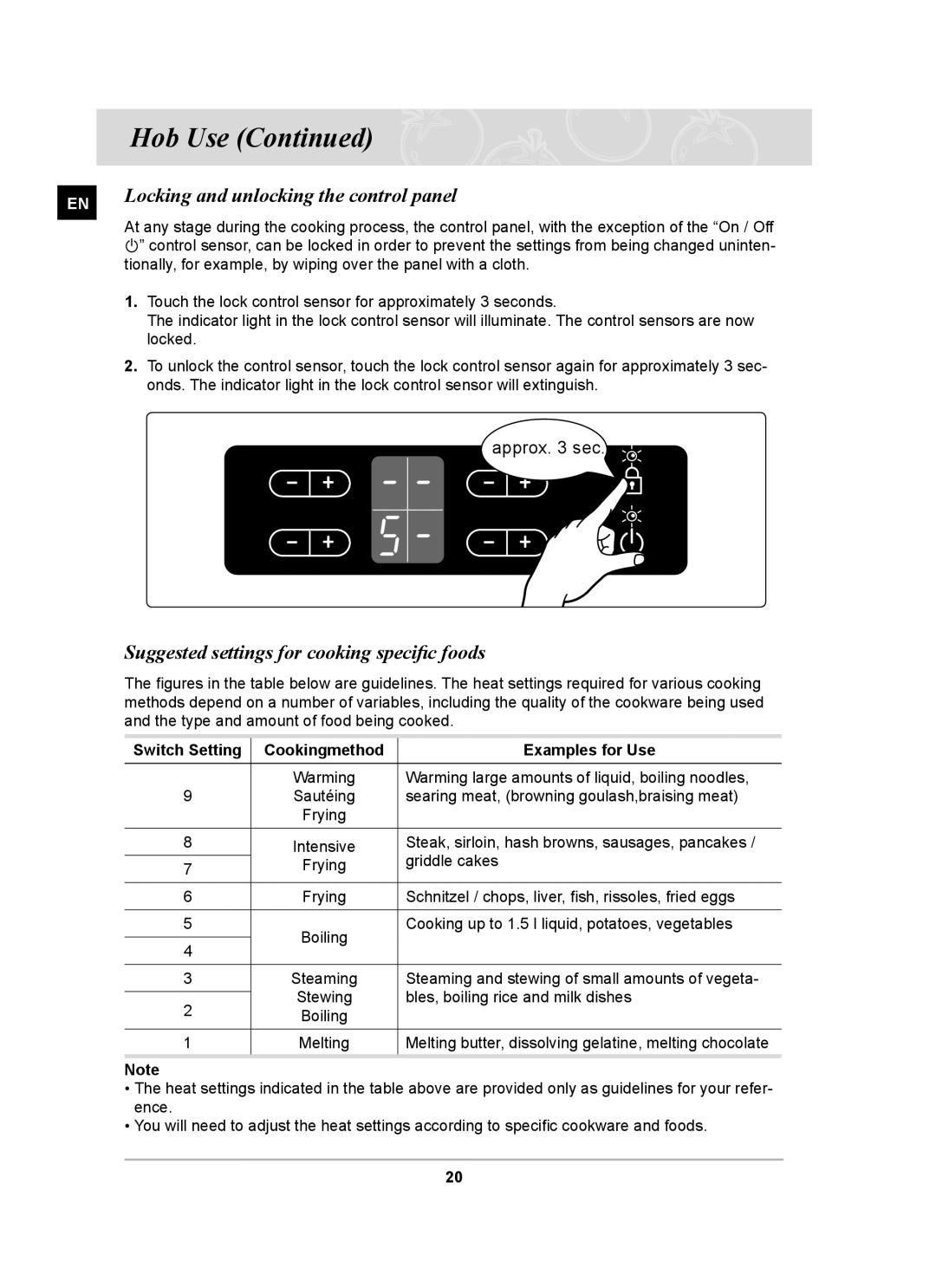 Samsung C61RAAST/BOL manual Locking and unlocking the control panel, Suggested settings for cooking speciﬁc foods 