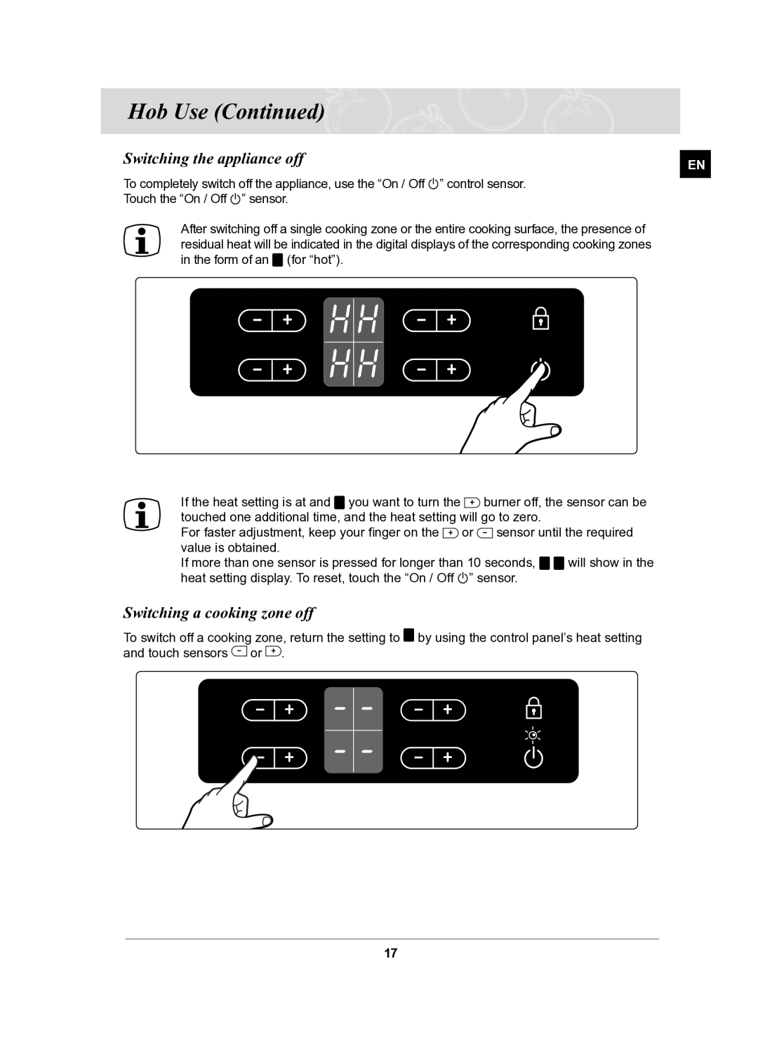 Samsung C61RAAST/SLI manual Switching the appliance off, Switching a cooking zone off 