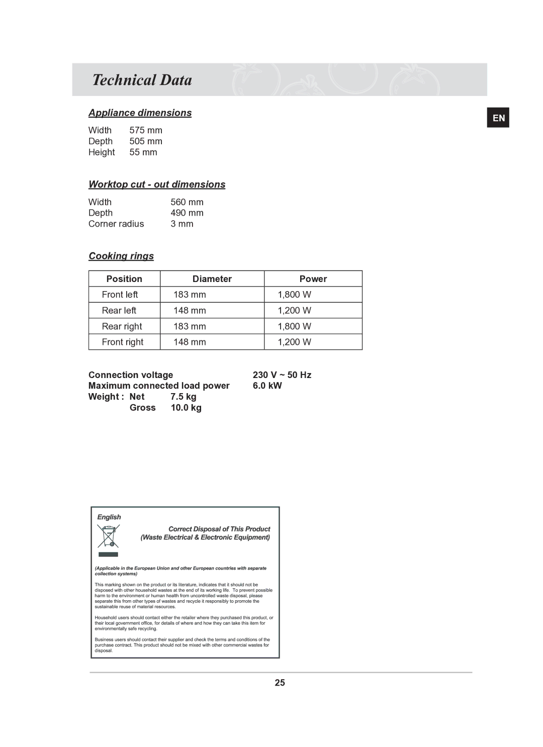 Samsung C61RAAST/SLI manual Technical Data, Cooking rings 