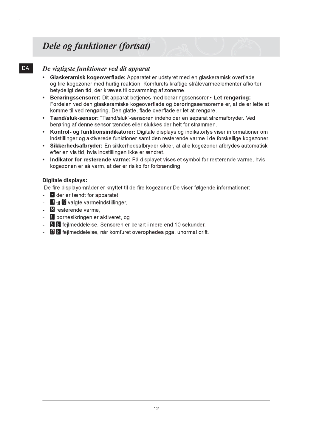 Samsung C61RAAST/XEE manual De vigtigste funktioner ved dit apparat, Digitale displays 