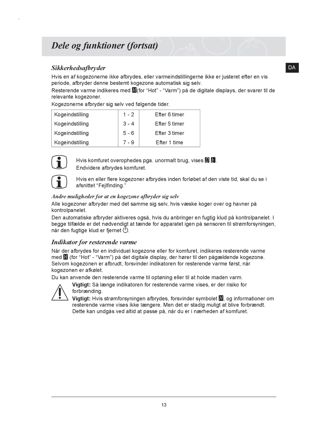 Samsung C61RAAST/XEE manual Sikkerhedsafbryder, Indikator for resterende varme 