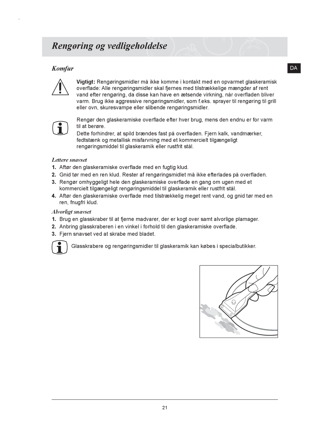 Samsung C61RAAST/XEE manual Rengøring og vedligeholdelse, Komfur, Lettere snavset, Alvorligt snavset 