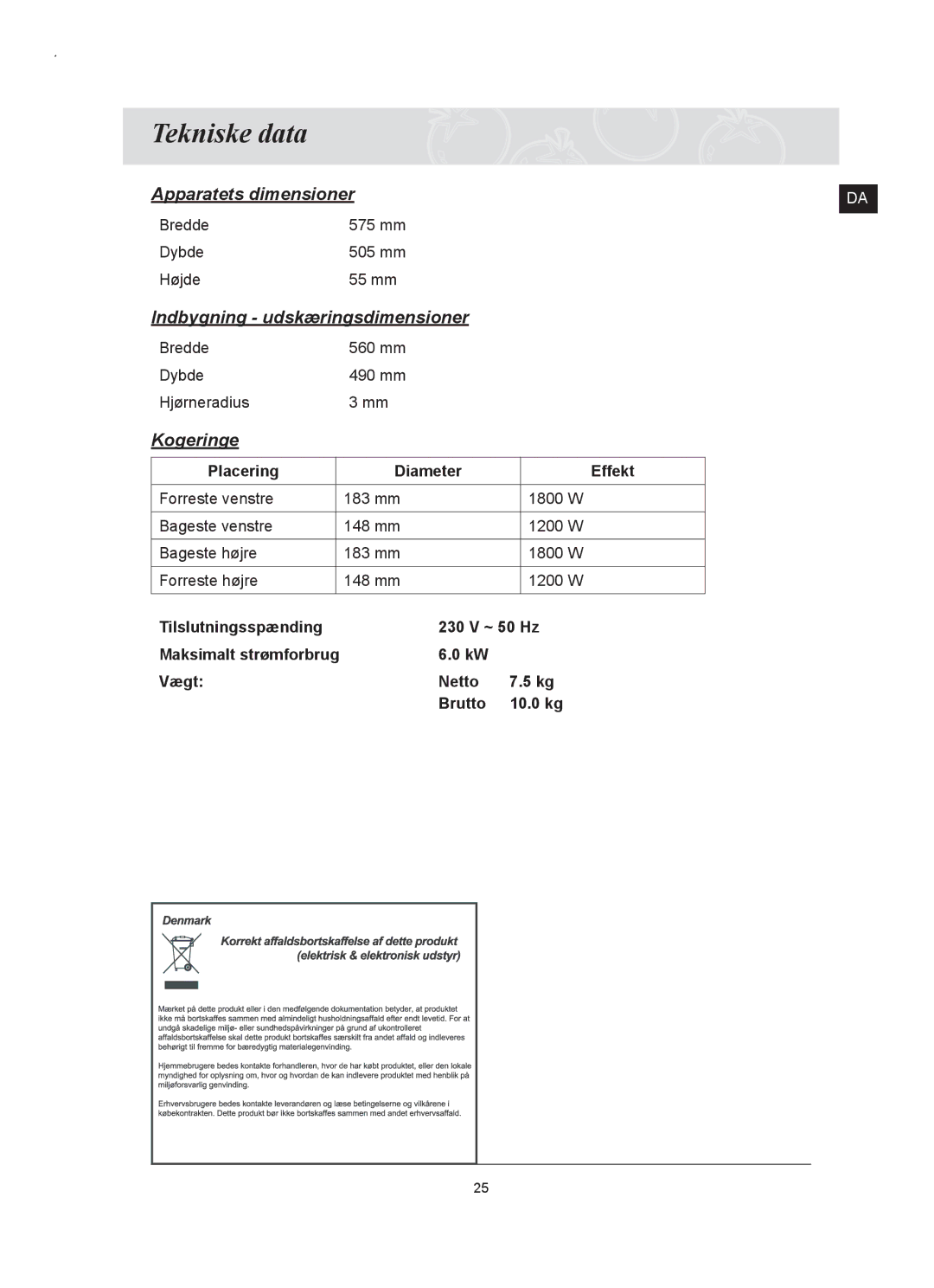 Samsung C61RAAST/XEE manual Tekniske data, Kogeringe 