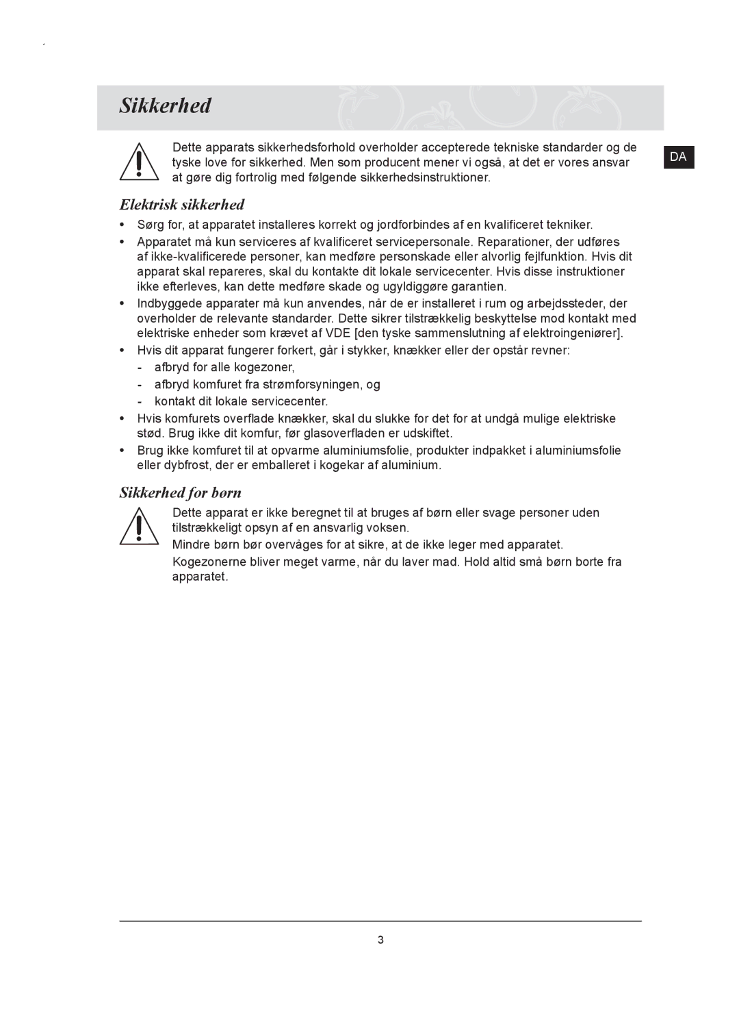 Samsung C61RAAST/XEE manual Elektrisk sikkerhed, Sikkerhed for børn 