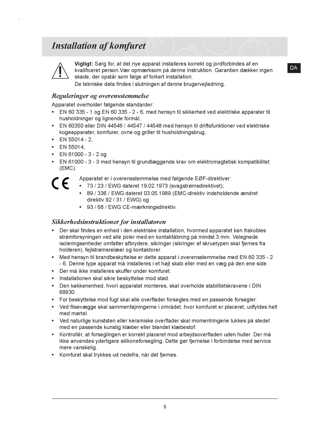 Samsung C61RAAST/XEE Installation af komfuret, Reguleringer og overensstemmelse, Sikkerhedsinstruktioner for installatøren 