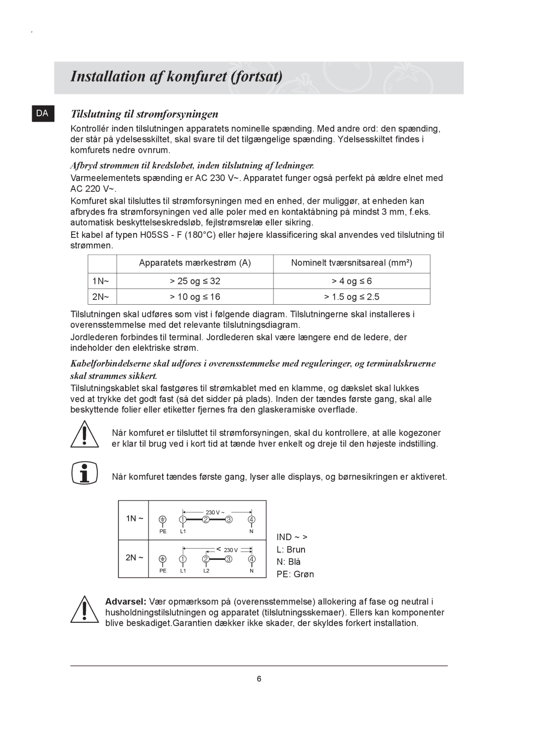 Samsung C61RAAST/XEE manual Installation af komfuret fortsat, Tilslutning til strømforsyningen 