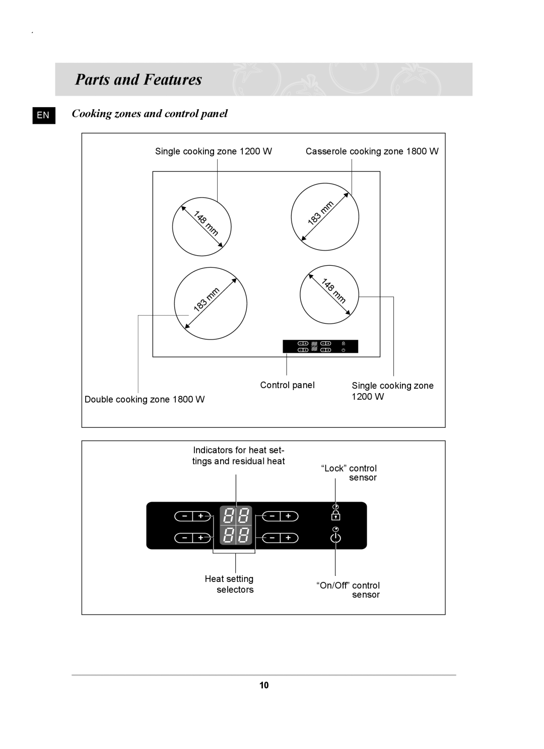 Samsung C61RAAST/XEE manual Parts and Features, EN Cooking zones and control panel 