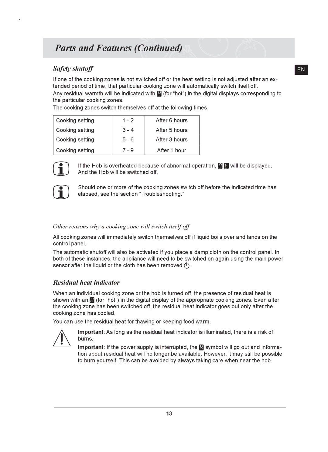 Samsung C61RAAST/XEE manual Residual heat indicator, Other reasons why a cooking zone will switch itself off 