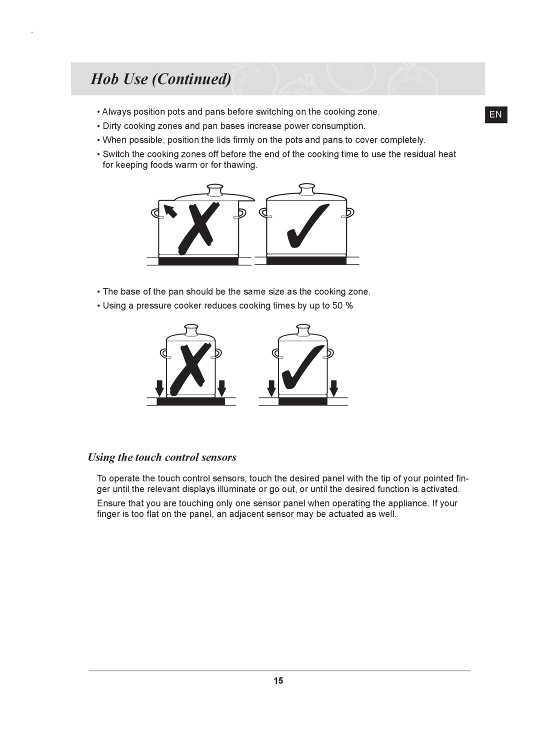 Samsung C61RAAST/XEE manual Hob Use, Using the touch control sensors 