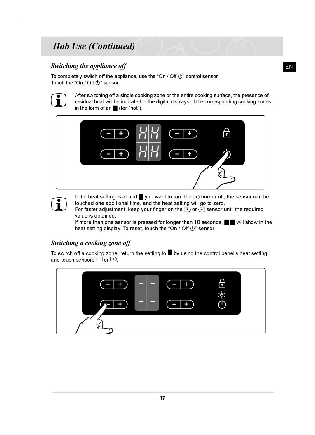 Samsung C61RAAST/XEE manual Switching the appliance off, Switching a cooking zone off 