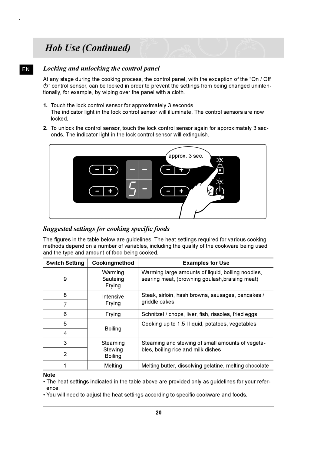 Samsung C61RAAST/XEE manual EN Locking and unlocking the control panel, Suggested settings for cooking speciﬁc foods 