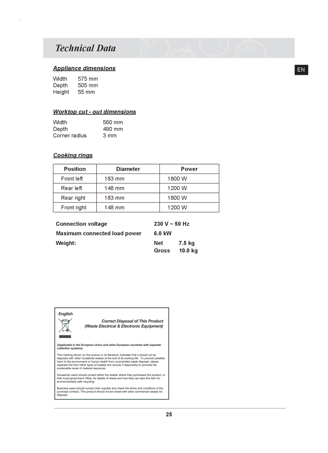 Samsung C61RAAST/XEE manual Technical Data, Cooking rings 