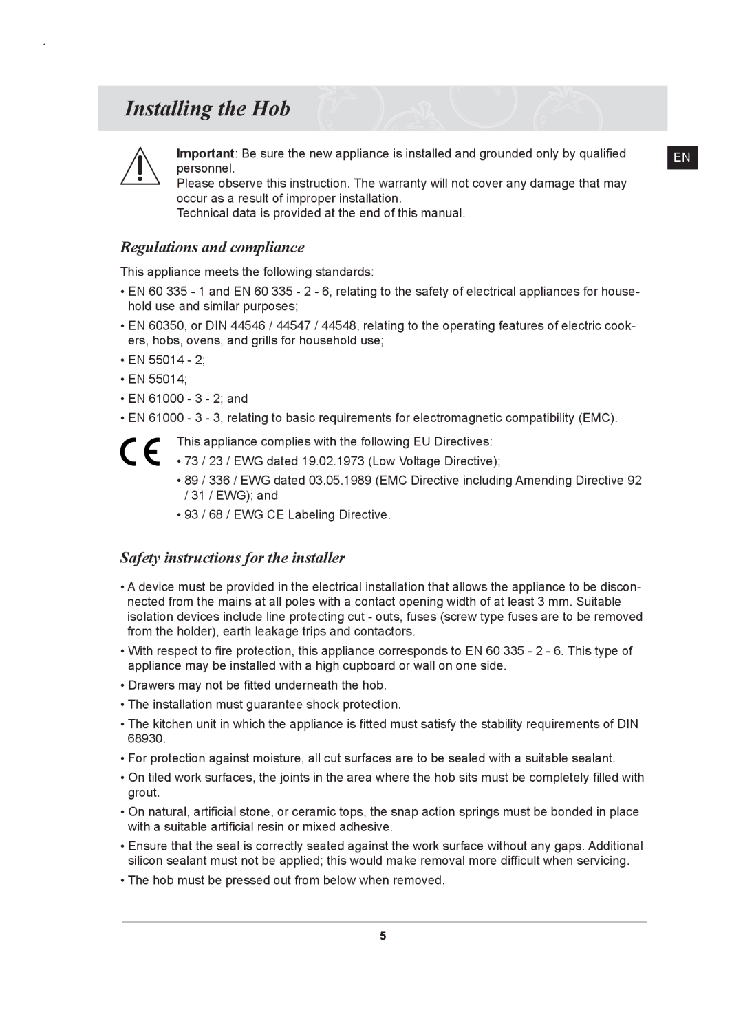 Samsung C61RAAST/XEE manual Installing the Hob, Regulations and compliance, Safety instructions for the installer 