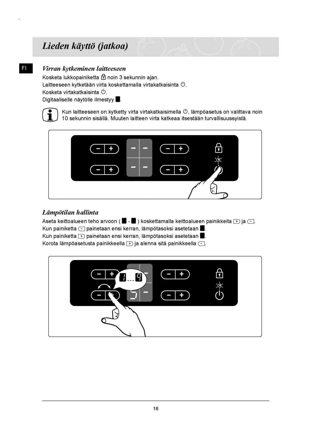 Samsung C61RAAST/XEE manual Virran kytkeminen laitteeseen, Lämpötilan hallinta 